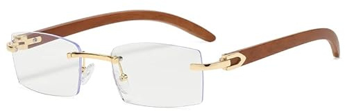 kachawoo Rahmenlose Sonnenbrille Randlose Damenmode Sonnenbrille mit Holzimitat Beinen Blau Grün Uv400 Linse Rechteck Sonnenschutz Herren