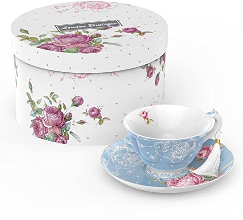 London Boutique Set tazza da tè e piattino, 1 set da tè pomeridiano New Bone China Vintage Flora confezione regalo 200 m (blu)