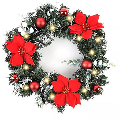 Christmas Wreath with Lights Pre-lit Xmas Decorations Front Door Artificial Pine Garland for Door Window Wall Stairs Decor, Battery Operated