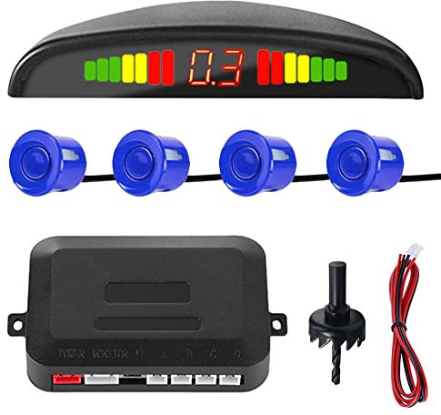 MOCNT Kit de Sensor de Aparcamiento Coche 4 Sensores de Aparcamiento Sistema Radar Inverso Traseros Sensores de Estacionamiento Marcha Atrás Alarma de Sonido Monitor Azul