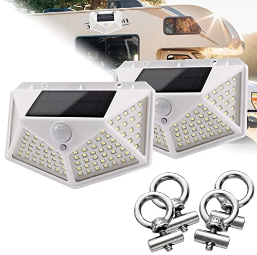 2pcs 12V Awning LED Lights, Solar Waterproof Motorhome Porch Lamp, Outdoor Motion Sensor Exterior Light for Caravan T5 Van Camper Campervan Outdoor Lighting,with 4pcs Slide on Awning Rail Stoppers (2p