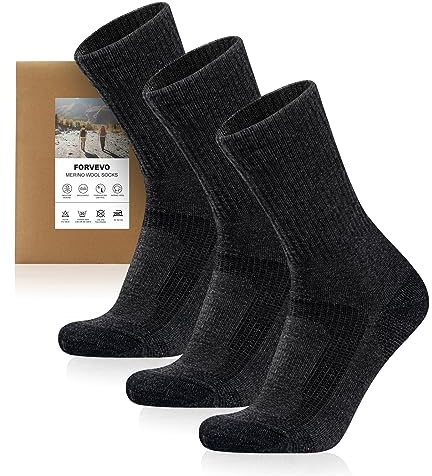 FORVEVO 3 Paar Merino Wandersocken Herren 43-46 DunkelGrau, 60% Wollsocken Herren Gepolstert, Wintersocken, Sportsocken für Trekking Outdoor