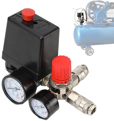 QAVODB 230V/20A Druckregler mit Druckschalte, Luftkompressor 5.0-8.0bar IP44 mit 2 Manometer für Schnellen Druckreduzierschalter