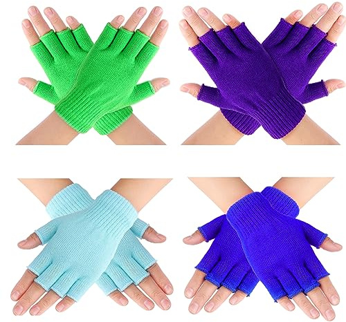 Yolev 4 Paar Fingerlose Handschuhe - Kurze Winter Strick Handschuhe für Herren und Damen - Universelle Elastische (Lila, Grün, Hellblau, Dunkelblau)