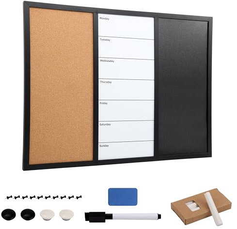 Kurtzy 3-In-1 Pinnwand Kombi-Tafel magnetisch - Tafel aus Kork Whiteboard und Kreidetafel - 70 x 50cm - Magnetisches Memoboard - trocken abwischbare Magnettafel mit Stiften