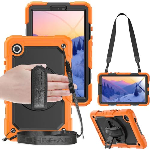 TECHGEAR UTILITY Case fits Samsung Galaxy Tab A9 8.7 (SM-X110 / SM-X115) Tough Rugged HEAVY DUTY Armour Shockproof Impact Case with 360 Rotating Stand, Hand Strap and Shoulder Strap -Orange