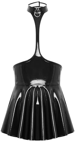 TiaoBug Wetlook klänning för kvinnor i läderutseende med dragkedja glänsande lack läder corsage top mini festklänning punk gotisk kostym klubbkläder S–XXL, Svart A, L