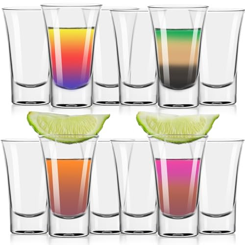 FLOW Barware Juego de 12 vasos de chupito transparentes de 50 ml con base pesada, juego de vasos de chupito para vodka, whisky, tequila. Apilables