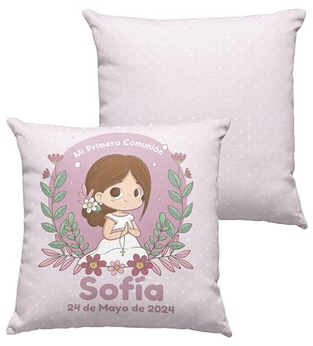 Worfull Regalos Cojín comunión niña/niño. Regalos comunión Personalizados con Nombre y Texto. Cojín Personalizado. Varios diseños. Opción de Pack. (Niña castaña)