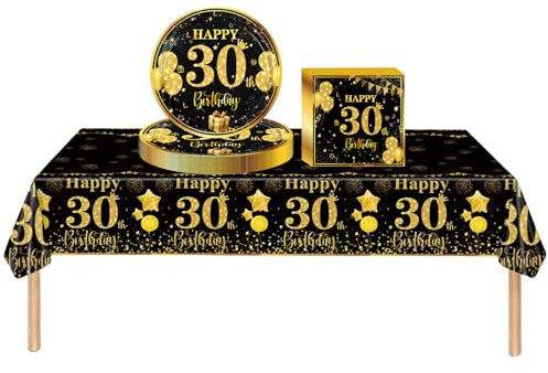 COSORO 37-Piece Black and Gold Happy Birthday Tableware Set for 30 Years, Tablecloths Paper Plates and Napkins Table Decoration Decoration Birthday Party for 30 Years Men and Women