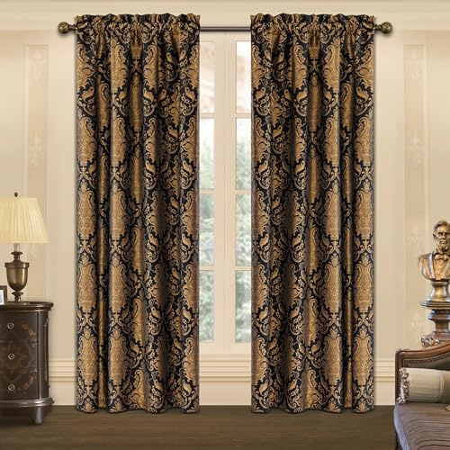 TOPLUXE Damastvorhänge für Fenster, Verdunkelungsvorhänge 132x213cm für Schlafzimmer Wohnzimmer Küche, 2 Paneele mit Raffhalter, Stabtasche (Schwarz)