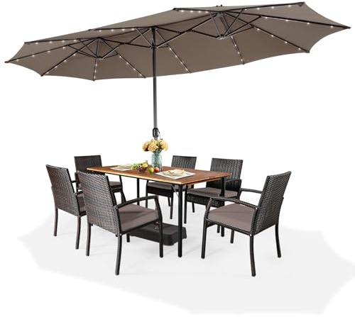 GOPLUS Doppelsonnenschirm 450 x 260 cm, Sonnenschirm mit Ständer & LED Solar, Terrassenschirm mit Kurbel, UPF 50+, Balkonschirm groß, Gartenschirm, Marktschirm Oval für Garten, Terrasse & Pool, Braun