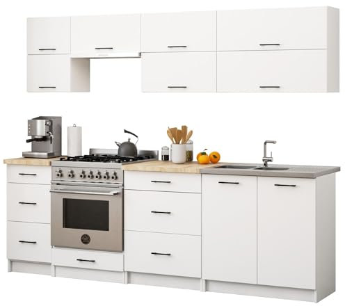 3E 3xE living.com Küchenset: sechs Schubladen, zehn Türen, neun Regale, Farbe: Weiß, A: B: 240 cm, H: 203 cm, T: 46 cm