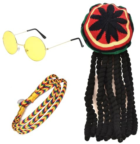 FUIPVGI 3 Stücke Mütze Rasta Dreadlocks mit Gelber Brille, Geflochtenes Armband, Reggae Hut Rasta Hut, Jamaikanische Dreadlocks Perücke, Maskerade-Kostümzubehör für Partys, Cosplay