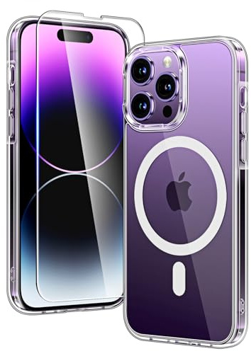 TAURI för iPhone 14 Pro Skal 6.1-Tum med Härdat Glas Skärmskydd, Kompatibelt med MagSafe, Militär kvalitet, [Icke-Gulning] Magnetisk Mobilskal Case - Klar | med skärmskydd i härdat glas, kompatibel med MagSafe, magnetiskt fodral för tunt fall