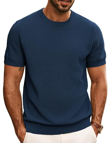 PJ PAUL JONES Mens T Shirt UK Crew Neck Knitted Tee Shirt, Classic Tshirt Short Sleeve Dark Blue L