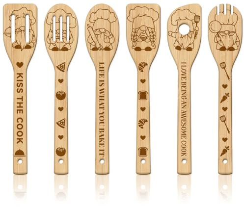 GLOBLELAND 6 Pièces Ensemble D'Ustensiles de Cuillères de Cuisine Gnome Ustensiles Spatule Pot Sculpture en Bambou Ustensiles de Cuisine Pain Légumes Ensemble Spatules pour Mère l'amie Femmes Cadeau