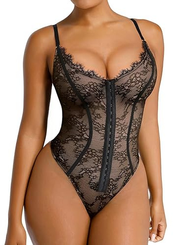 SHAPELLX Lace Bodysuit for Women Tummy Control Shapewear Backless Body Suits Thongs with 3 Hook Eyes Black Large