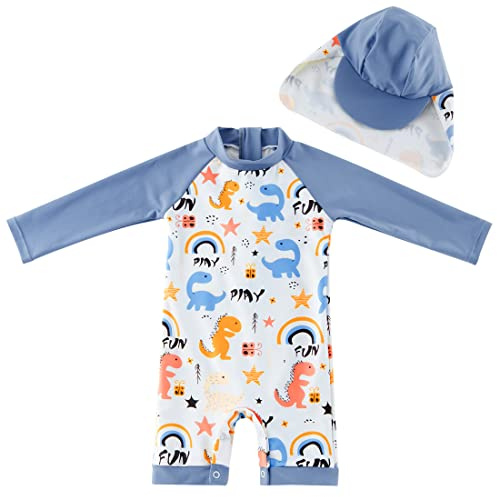 UMELOK Traje de Baño Unisex Bebé: UPF50+ Capucha + Mangas Largas - Ideal para Piscina y Playa, Secado Rápido en Segundos 74/80 Dinosaurio Azul