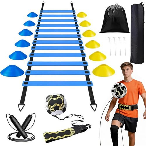 Jiahuade Accessori per allenamento calcio, scala di coordinazione, set di allenamento per calcio, scala di coordinazione con 12 cappelli, allenamento per calcio e corda per saltare, accessori per