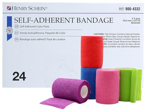 Henry Schein Premium Self-Adherent Bandage Wrap – 3 x 5 Yards, Assorted Colors – Box of 24 Rolls – Flexible, Non-Woven Fabric, Non-Sterile, Latex-Based Wrap for Wound Care & Light Compression