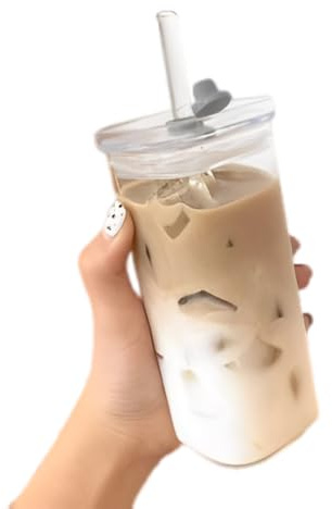 WPNCYK High Borosilicate Glass Cup with Lid and Straw, 16oz Iced Coffee Tumbler, Reusable Clear Smoothie Cup, Leakproof Glass Tumbler with Straw and Lid, Portable Drinking Glass for Cold Beverages
