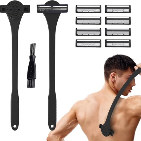 FOREVER GEM Rasoir de dos et brosse à récurer de 45,7 cm pour homme – Outil de toilettage 2 en 1 sans douleur avec long manche (46 cm), brosse intégrée, utilisation humide ou sèche – Comprend une
