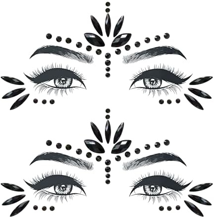 2pcs schwarz Edelsteine Temporäre Tattoos Glitzer Schmucksteine Strass Gesicht Juwelen Kristalle für Musikkarneval, Party,Halloween, Weihnachten, Das perfekte Geschenk.
