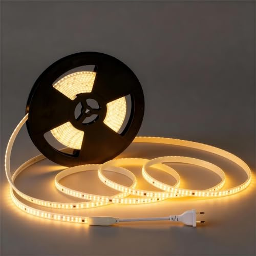 FOSHANHC LED Streifen 230V, IP65 wasserdicht (Outdoor/Industrie), 10m Rolle, 240 LEDs/M, 11W/M, Warmweiß 3000K, Flexibel schneidbar (10cm), Linkbar bis 50m - für Küche, Gewerbe & Werkstatt