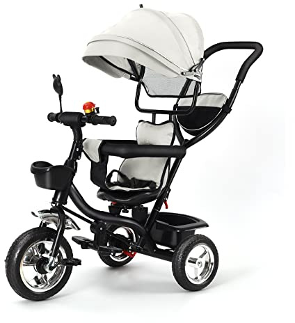 Belfoyer Dreirad 4 in 1 ab 1 Jahr mit Schubstange – Kinderdreirad für 1-4 Jahre bis 25 kg, Elterngriff, drehbarer Sitz, Klappbares Verdeck & Korb – Kompakt & Sicher（Hellgrau）