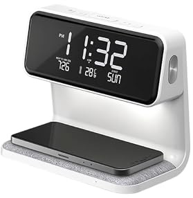 3-in-1 Smart Bedside Lamp with Digital Alarm Clock, Wireless Phone Charging, LED Display, Touch Dimming, White, Fabric Base