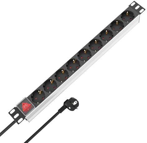iwillink 19 Zoll Steckdosenleiste 9-Fach mit Schutzschalter, 2m | PDU Mehrfachsteckdose mit 2m Kabel, Premium Alu, 1HE 9x CEE 7/3, 16A 4000W, Für 19 Netzwerkschrank und Serverschrank