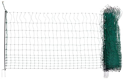 AKO Geflügelnetz Premium (grün/weiß, 25m Länge, 122 cm hoch, 9 Pfähle, Weidezaun Doppelspitze, Edelstahlleiter, geringe Maschenweite im unteren Bereich, mobiler Einsatz, Tierhaltung, Weidezaun) 292415
