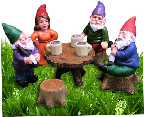 Gnomi da Giardino 6 Pezzi/Set Simpatiche Statuette di Gnomi Realistici Statua di Gnomo in Resina con Sgabello e Tavolo Decorazioni di da Collezione per Cortile Giardino Esterno, Decorazione