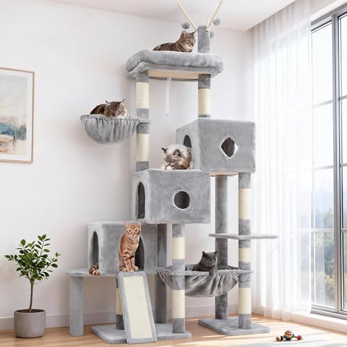 Hey-brother Kattträd, trapplektorn för katter, lämplig för stora katter, med 3 holkar, stor hängmatta, toppplattform och klösbräda i sisal, ljusgrå MPJ081W