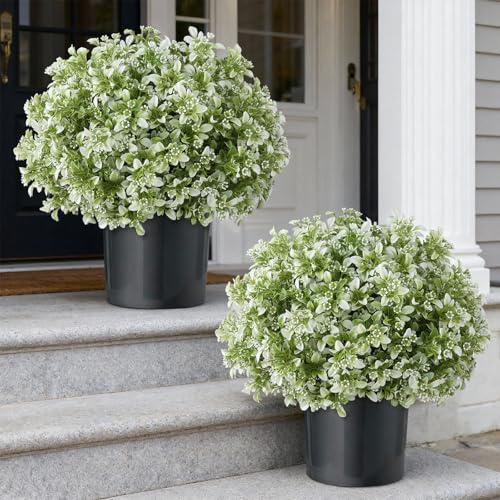 Set of 2 Artificial Boxwood Topiary Ball Trees for Front Door - Realistic Faux Aglaia Odorata Bush with Pot, Fake Eucalyptus Leaves Potted Plants for Porch Farmhouse Outdoor Decor (White-Green)