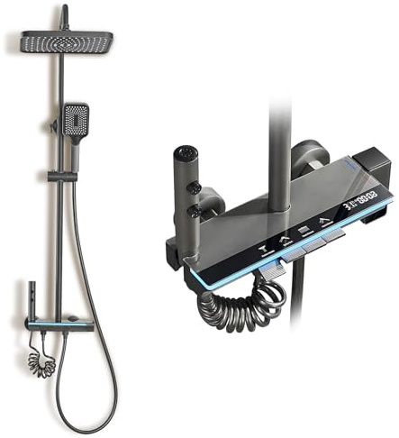 STANEW Columna Ducha de Titanio Negro Con Cabezal Cuadrado,Pantalla LED,Columna de Ducha 4 Modos,Ducha de Mano con 3 Modos,Altura ajustable 70-110CM (Gris (Común))