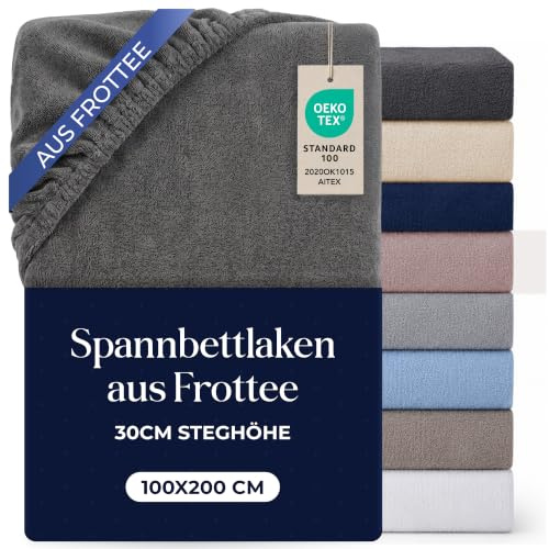 Dreamzie Frottee Spannbettlaken 100x200cm - 80% Baumwolle, 20% Polyester - Mütze 30 cm - Bettlaken 100x200 Anthrazit, Bügelfrei & Elastisch - Oeko-Tex