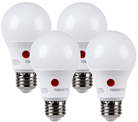 TORCHSTAR Dusk to Dawn Light Bulbs Outdoor, Sensor A19 LED Light Bulb, Auto on/Off Photocell Automatic for Outdoor Lighting, UL FCC DOE, 5000K, Pack of 4