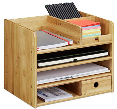 Relaxdays Schreibtisch Organizer, Briefablage A4, Notizzettel und Stifte ordnen, Schublade, Ordnungssystem Büro, Bambus, H x B x T: ca. 26 x 33 x 24 cm, Natur