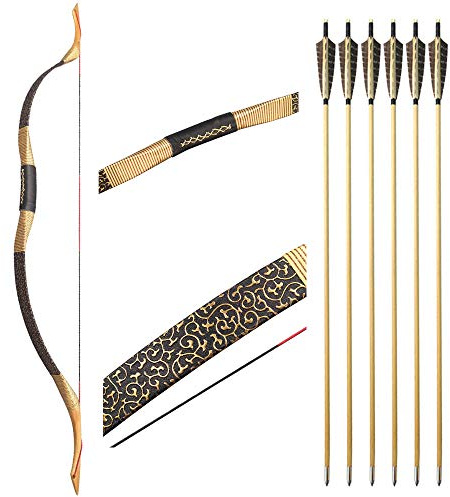 Traditioneller Bogen Recurve Bogen und Pfeile Set Reiterbogen Langbogen Handgemacht Holzbogen 25-55lbs Sportbogen Jagdbogen für Erwachsene und Anfänger (25lbs, Typ 3)