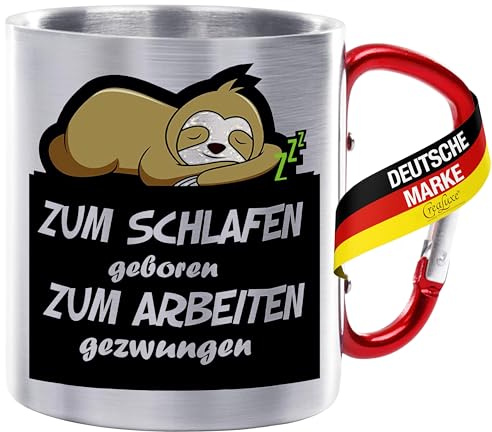 CreaLuxe Edelstahltasse mit Karabiner - Zum Schlafen geboren - zum Arbeiten gezwungen - 330ml, Tasse bedruckt, Kaffeetasse, Bürotasse, Metalltasse