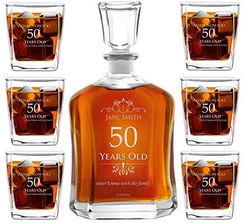 Maverton Classic Bourbon Whiskey Decanter Capitol Set of 6 Glasses - You can Personalise Tumblers as Gift - 700 ml Universal Carafe - Gift for Couple - Christmas Gifts - Years Old