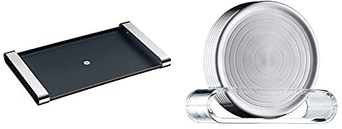 WMF Club Tablett 54 x 32 cm mit Tragegriffen, Echtholz lackiert, Cromargan Edelstahl, schwarz & Loft Bar Gläserteller-Set 6-teilig, Glasuntersetzer 9,5cm, Cromargan Edelstahl mattiert