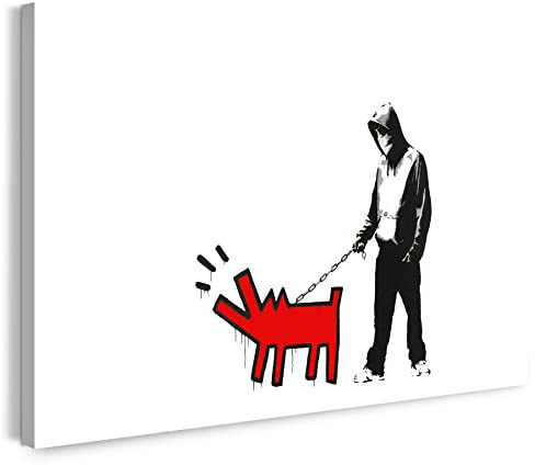 Printistico Leinwandbild (80x60cm): Banksy - Bellender Hund, Pop-Art Modern Street-Art, Kunstdruck Klein bis Groß XXL - Wohnzimmer, Schlafzimmer - Leinwand auf Keilrahmen gespannt