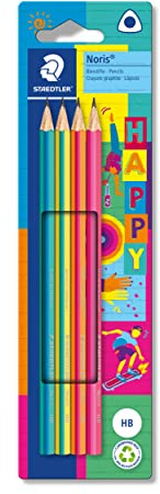 STAEDTLER Lápices triangulares Noris Happy en rayas coloridas, alta resistencia a la rotura, dureza HB, cuatro lápices en cartón colgante, 118 BK4 HA