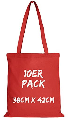 TEXXILLA Baumwolltasche - 10er Pack | Rot | mit Zwei Langen Henkeln | 38x42cm | Jutebeutel | Einkaufstasche | unbedruckt