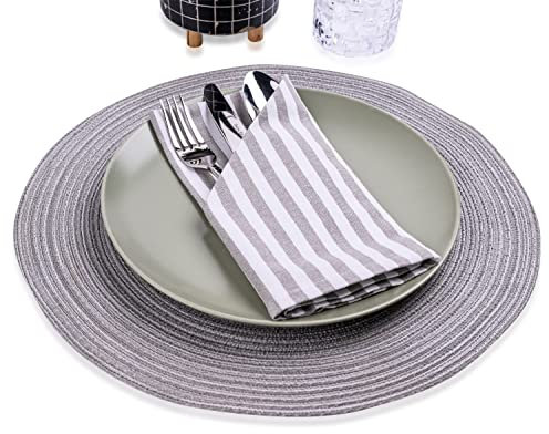 Mon Bijou® Set de 6 Servilletas de Tela a Rayas Gris y Blancas 45x45 cm – 100% Algodón – Reutilizables Lavables – Elegantes para Bodas Navidad Pascua Cocina Decoración Cóctel y Mesa