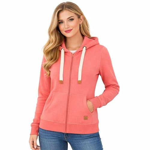 Blu Apparel Womens Zip Hoodies Extra Warm women's Zipped Hoodie Ladies Plain Hoodie Winter Warm Fleece Lined Zip Up Jacket Sweatshirt ActivewearJumper (UK, Numeric, 14, Regular, Regular, Coral)