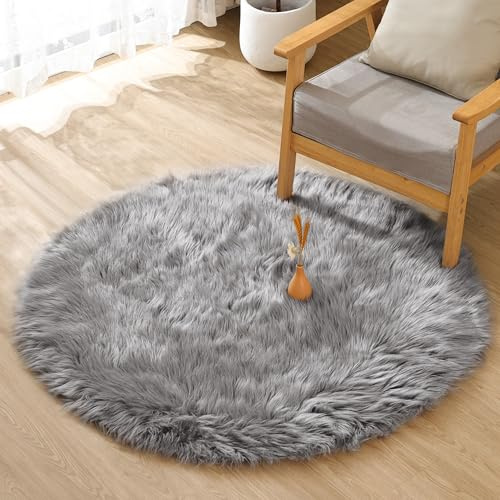 ORINOVA Teppich Rund Grau Kunstfell Flauschig 120 cm Fellteppich Kuschelteppich Schlafzimmer Waschbar Weich Bettvorleger Wohnzimmer